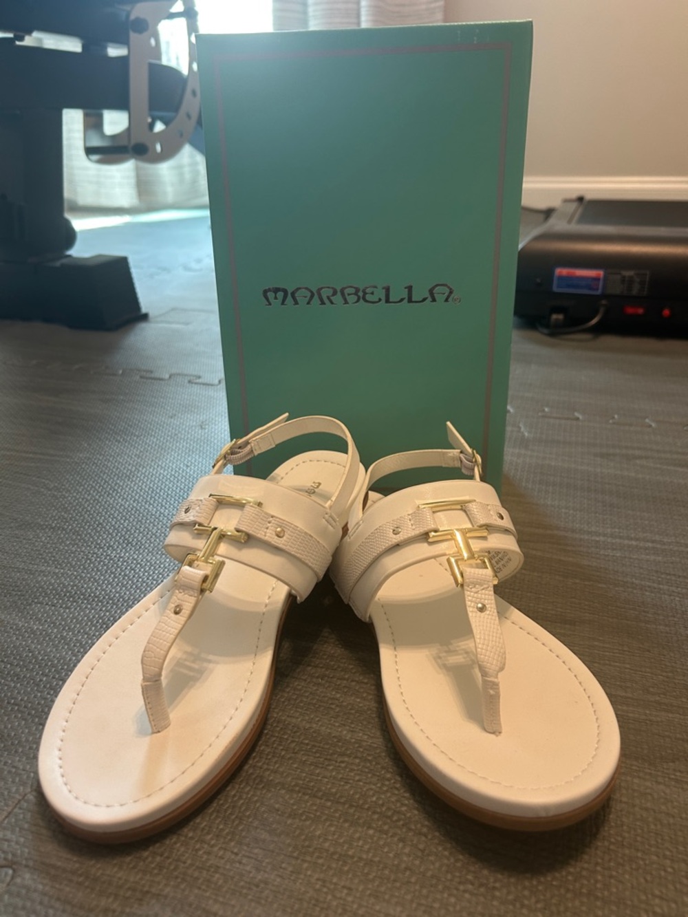 MARELLA White Leather T-Strap Sandals with Gold Hardware